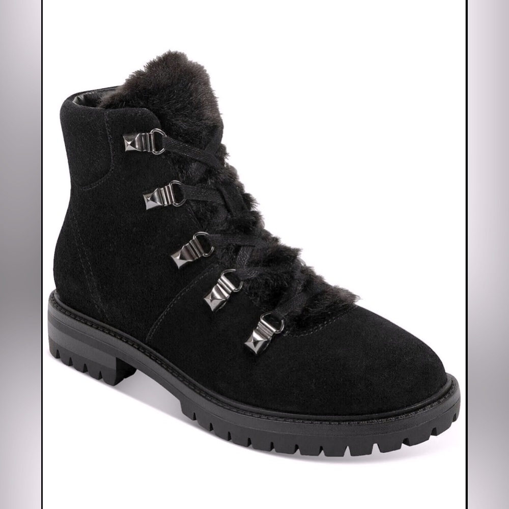 Marc Fisher Black Suede Faux Fur Trim Lace Up Ankle Boots Hobson Size 7 NEW - Picture 7 of 7